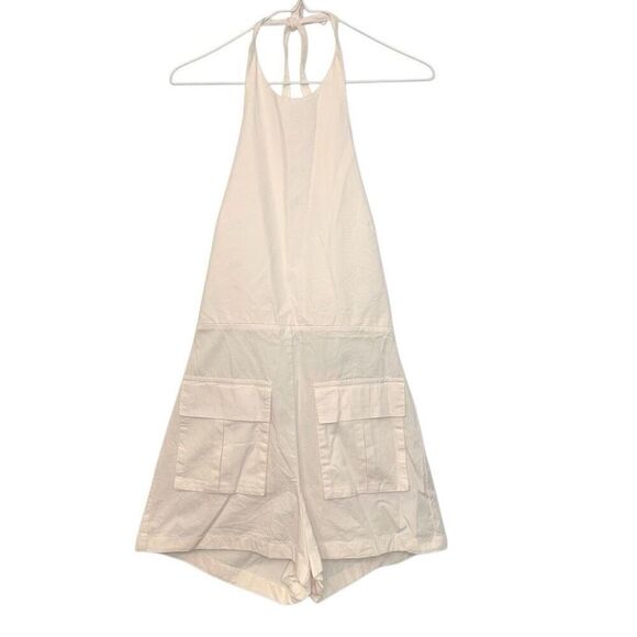 Zara Gabardine Fabric Halter Playsuit Cargo Romper Short Cream Medium - Picture 1 of 4